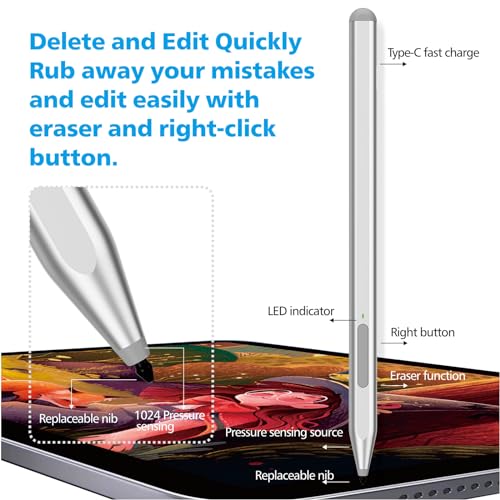 Rysik do Microsoft Surface Pro11/10/9/8/X/7+/6/5/4/3,Surface Go 4/3/3/2/1,Surface Laptop 1-6/Studio/Book 3/2/1 z Bocznym Przyciskiem Gumki,Odrzuceniem Dłoni,Funkcją Pochylenia,Naciskiem 1024 (Sliver)