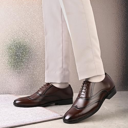 Image of Centrino Men's Formal Lace-Up Shoes | Soft & Comfortable Oxford Brogue Dress Formal Shoe| Stylish Looking Lace Up Medallion Toe Perforated for Business Formal Wedding & Office Wear (9359)