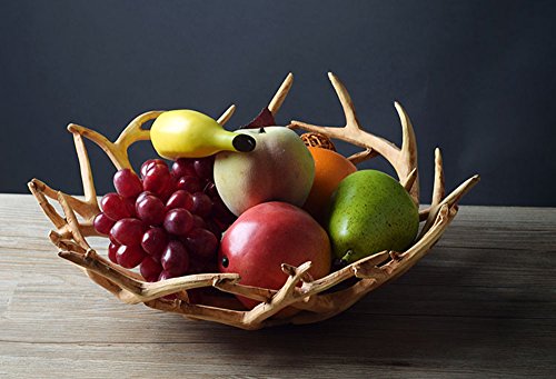 Art Reindeer Deer Antlers Organic Fruit Basket Bowl Artificial Decorative Gift Tray White Rack Drying Decor Fresh Large Storage Stand Plate Holder Shelf Vintage Round Display Container (Deer Classic) #TOP4