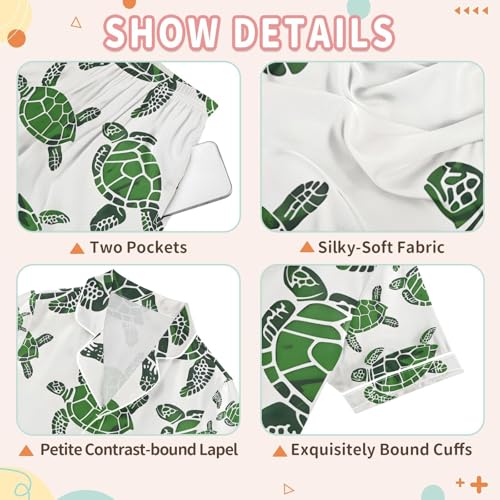 senya Green Sea Turtles Satin Summer Pajama Sets Silk Short Sleeve Button Down Sleepwear3