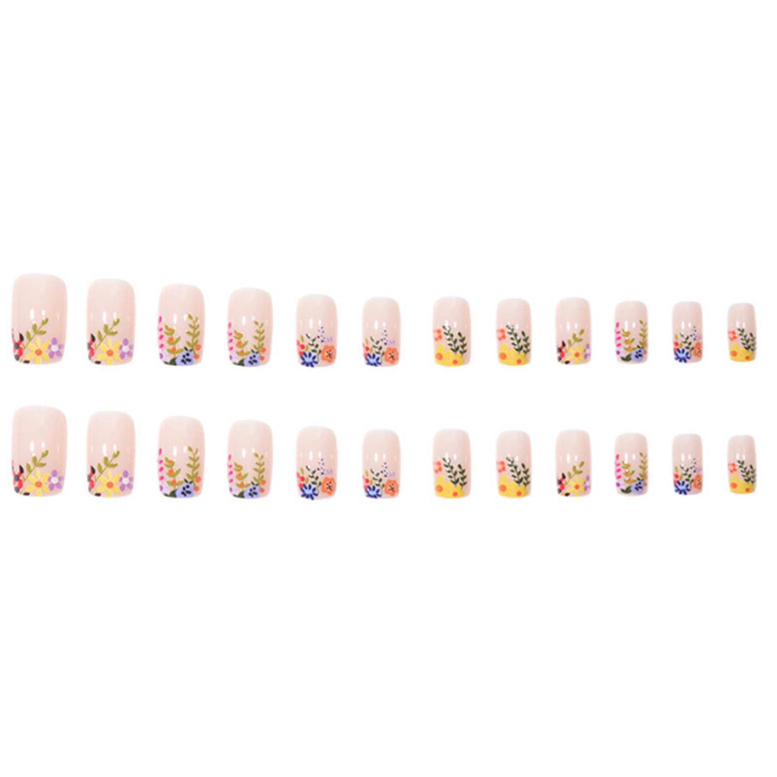 Floral French Press-On Nails with Pastel Pink Base & Colourful Hand-Painted Designs - Image 3