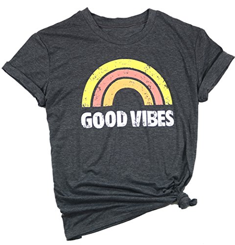 Good Vibes T Shirt for Women Rainbow Print Graphic Tees Short Sleeve Summer Casual Tops Shirts
