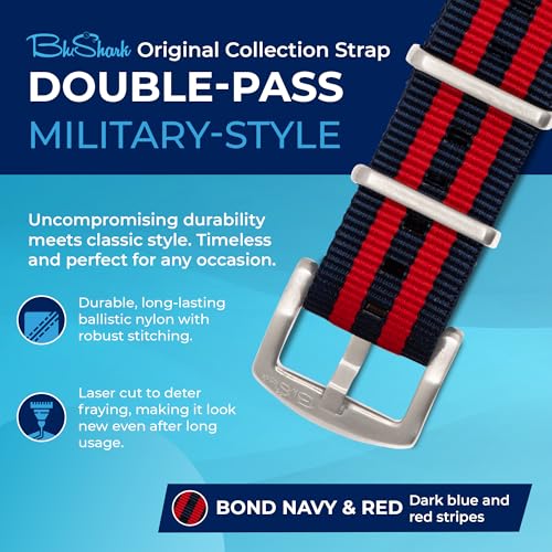 Image of BluShark - Original Collection Military-Style Waterproof Watch Strap, Fits All Timepiece Brands, Durable Nylon Wristwatch Accessories with Stainless Steel Buckle - 18mm, 20mm, 22mm & 24mm Watch Bands
