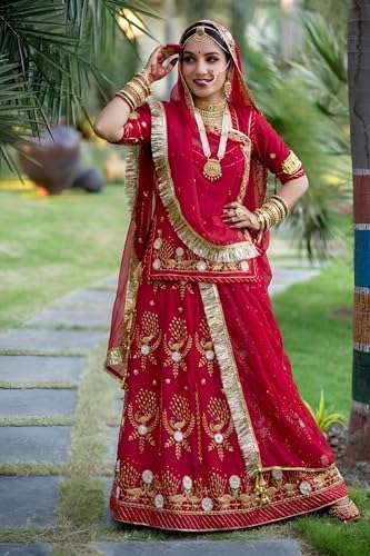 Image of Fancy Heavy Embroidery Work Shimmer Silk Semi-stitched Rajputi Poshak For Women Rajasthani Lehenga Choli
