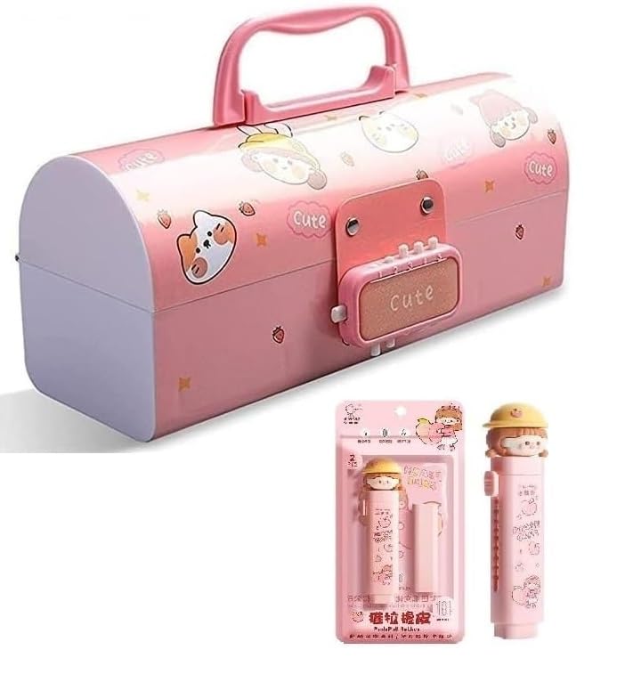 Image of WORSHIPER New Cartoon Theme Pencil Box with Push Pull Eraser Set for Kids | Suitcase Style Password Lock Stationery Organizer | School Supplies Gift Combo for Boys & Girls (Cute Pink + Eraser)