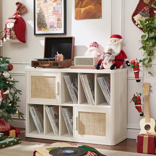 Image of LEYAOYAO Large Record Player Stand with Vinyl Storage Up to 450 Albums, Wood Rattan Boho Record Storage Accent Cabinet, Modern Stereo Media Cabinets, Turntable Stand for Living Room, White Cream Oak