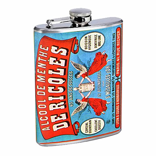 Stainless Steel Flask 8oz Vintage Poster D-089 Alcool De Menthe De Ricqles 43 Ans De Succes Paris