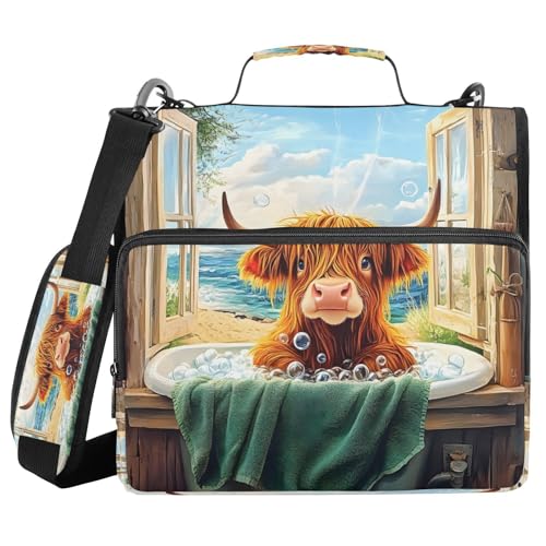 WEIYEKO Highland Cow in Bathtub Zipper Binder with Shoulder Strap and Handle Large Capacity 1.5 Inch D-Ring 3 Ring Binder Organizer for School Office