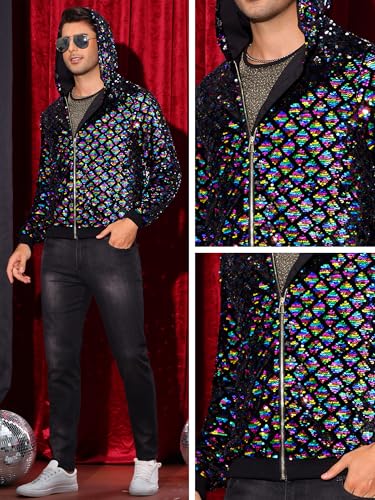 Image of Lars Amadeus Argyle Multicolor Sequins Jackets for Men's Long Sleeves Metallic Shiny Hooded Disco Jacket Small