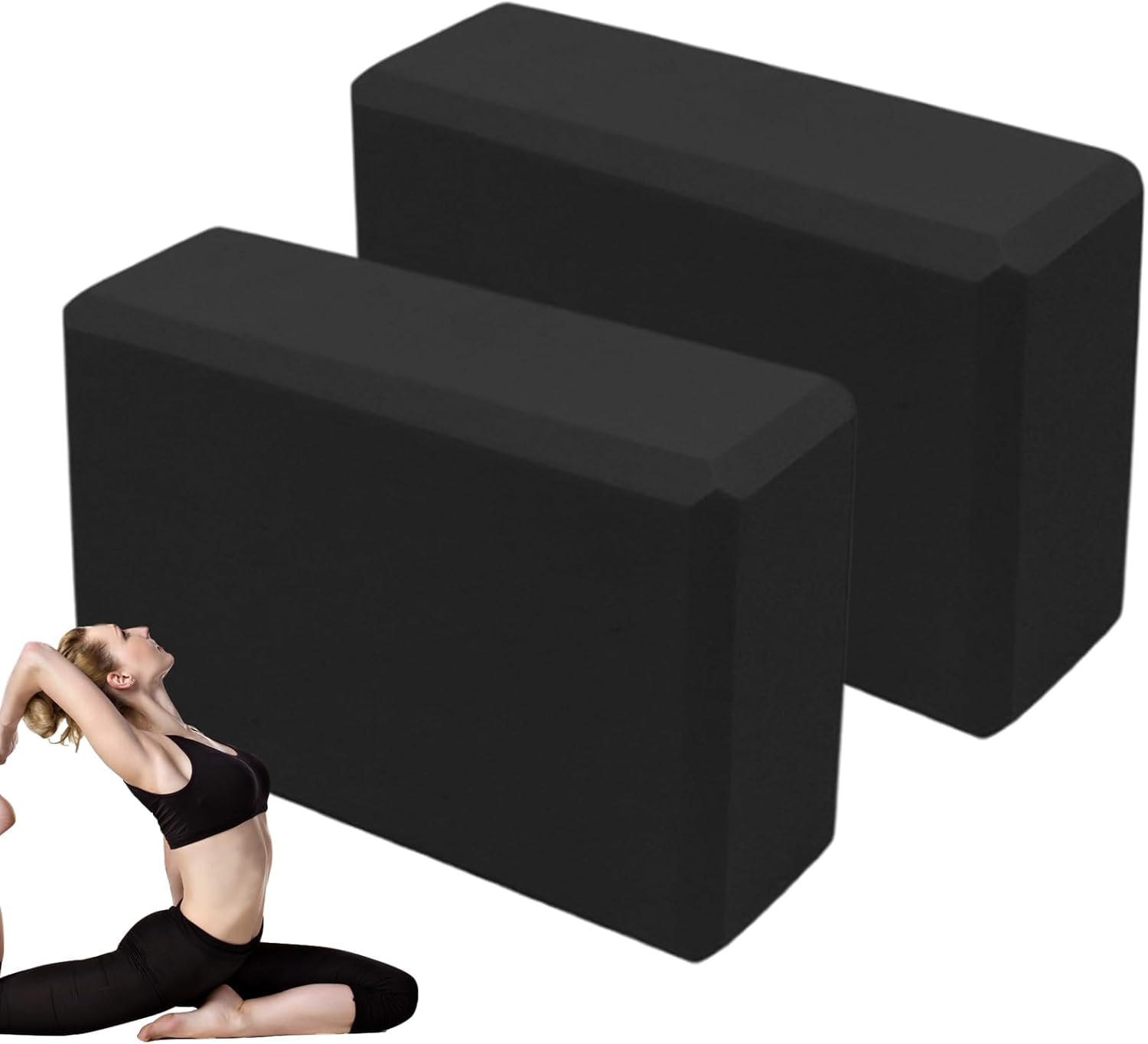 Yoga Blocks Set, 2Pcs Exercise Block with High Density and Non-slip for Improving Strength and Balance and Flexibility, Lightweight Pilates Brick for Fitness (Black)
