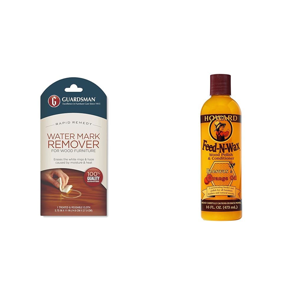 Guardsman Reusable Water Mark Remover Cloth | Wood Cleaner for White Rings & Haze Caused By Moisture and Heat, 1 Count & Howard Feed-N-Wax Wood Polish and Conditioner, 16-Ounce