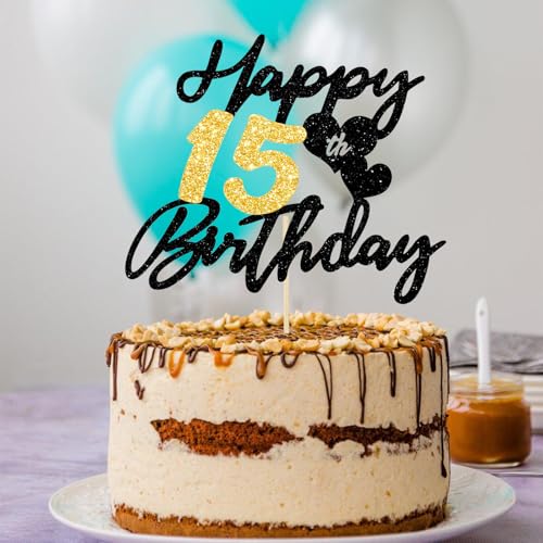 Gleevio Tortendeko 15 Geburtstag Junge Mädchen,Glitzer Kuchen Deko 15 Geburtstag Mädchen,Happy 15th Birthday Cake Topper,Alles Gute zum Geburtstagsdeko 15 Jahre,Torten Deko 15 Jahre Junge Schwarz Gold