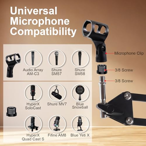 Image of Overhead Microphone Holder Stand, Extra Long Arm for Mics, 1 /4 inch Head 2 Way Base clamp & Bracket for Microphones for Overhead Audio, Podcasts, Streaming, Office - Black