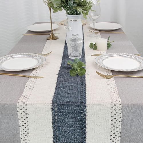 Image of FEXIA Boho Blue Table Runner 108 Inches Long with Tassels Macrame Farmhouse Summer Style Graduation Party Rustic Wedding Baby Shower Dining Kitchen Living Room Decor (12x108 Inches)