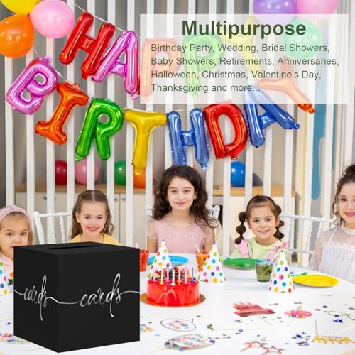Image of Black Card Box with Silver Foil Design, Paperboard 8.7 inch Card Box for Birthday Wedding Party Graduation Retirement Anniversary Valentine's Day & Baby Showers Halloween, Raffle or Money Box