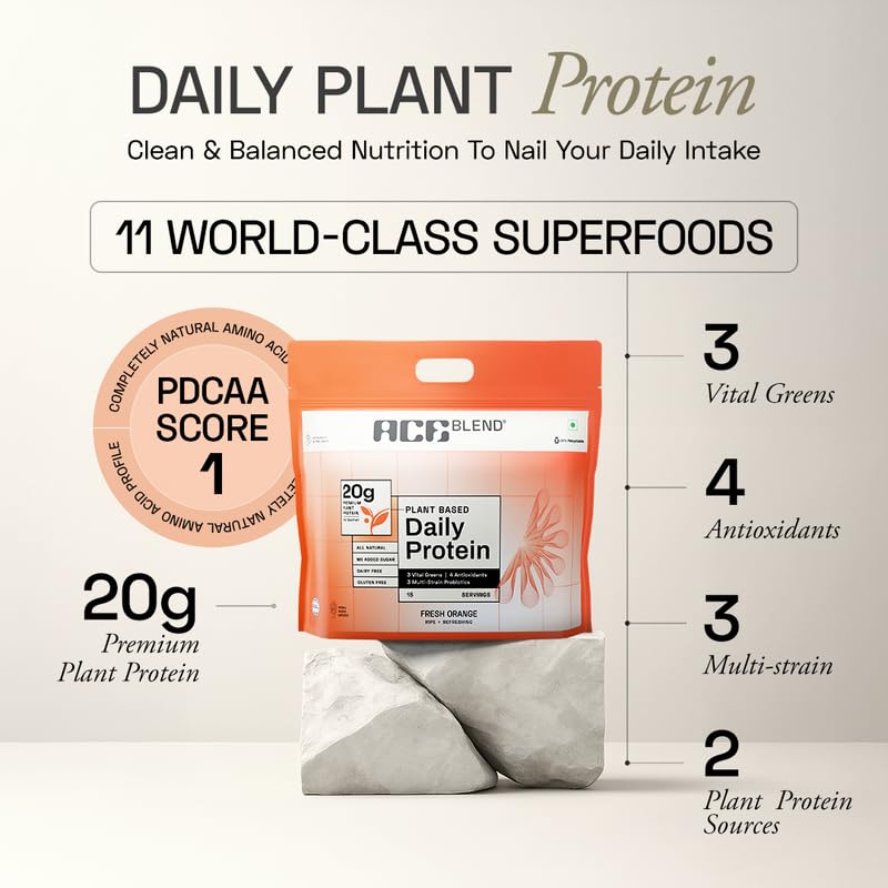 Image of Ace Blend Daily 20G Plant Protein (60 Servings) | Pea & Brown Rice Isolate | 3 Vital Greens 4 Antioxidants 3 Probiotics | Boosts Strength, Recovery, Fat Loss | No Added Sugar | Unisex | Orange Flavour
