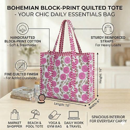 Image of Cotton Tiger Block Print Tote Bag, Indian Handmade Shopping Shoulder Bag, Unisex Market Daily Use