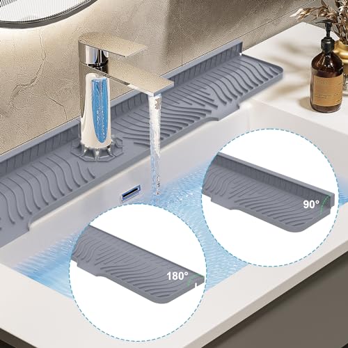 Image of Derlights 33 inch Sink Splash Guard Mat, Silicone Faucet Handle Drip Catcher Tray, Longer Silicone Sink Mat for KitchenBathroom, Drip Protector Splash Countertop (Gray)