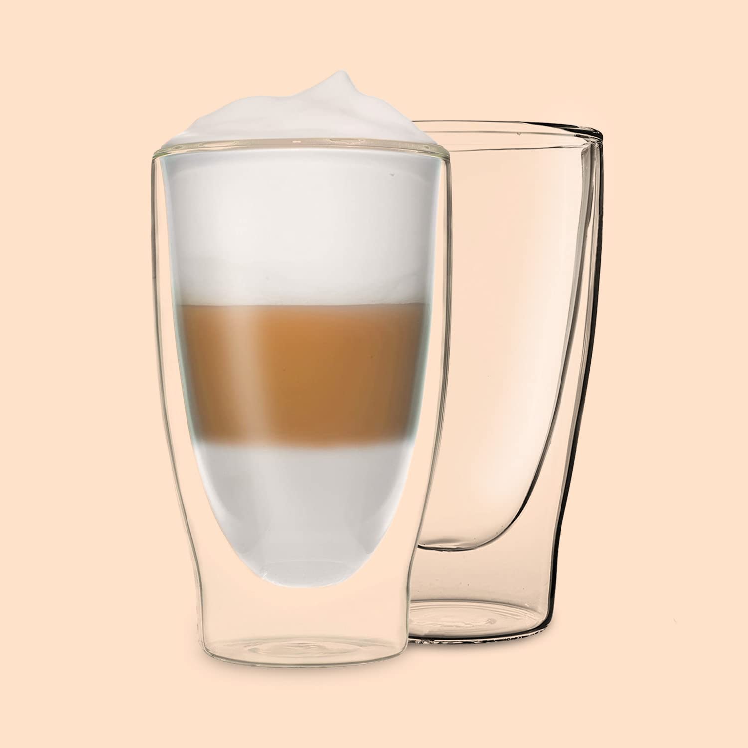Juego de vasos dobles de cristal DUOS (4 vasos de 400 ml), vasos de cóctel térmicos. Aptos para: latte macchiato, cappuccino, té, té helado, zumo, agua, cola, cócteles. Vasos DUOS de Feelino