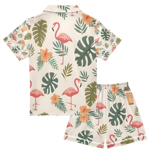 senya Hawaiian Flamingo Satin Summer Pajama Sets Silk Short Sleeve Button Down Sleepwear2