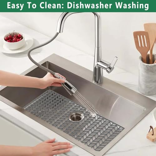 Image of GUUKIN Sink Protectors for Kitchen Mat -30 inchx 16 inch Silicone Kitchen Sink Mat Grid for Bottom of Farmhouse Stainless Steel Porcelain with Rear Drain(Grey