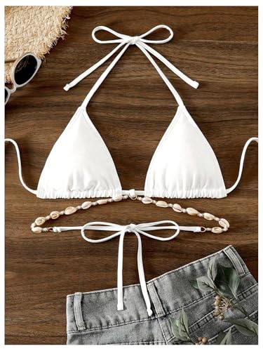 Milumia Women's Tie Backless Triangle Bikini Top with Shells Halter Bathing Suit Tops4