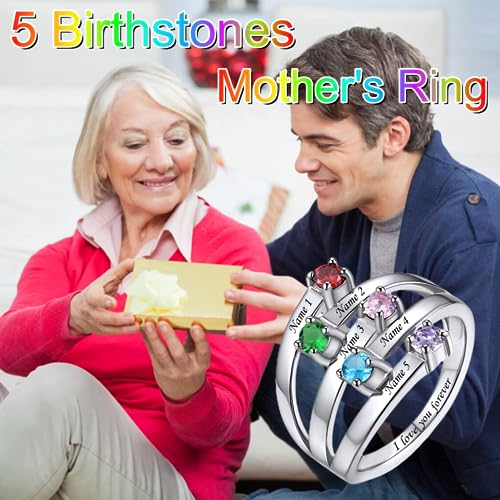 SIMONLY Mothers Ring 5 Birthstones 18K Gold Plated Sterling Silver Birthstone Rings Birthday Anniversary Mother's Day Jewelry Gifts for Women Mom Wife2