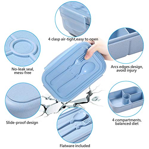 Jeopace Bento Box For Kids Lunch Containers With 4 Compartments Kids Bento Lunch Box Microwave/Freezer/Dishwasher Safe (Flatware Included,Light Blue) #TOP2