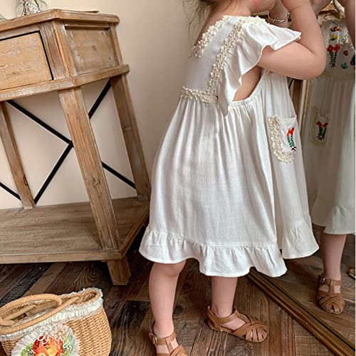 Roupas infantis para bebês e meninas verão linho manga curta bordado floral vestidos para Natal (beg