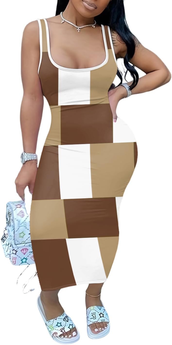 PINSV Women's Sexy Sleeveless Bodycon Tank Dress U Neck Halter Wrap Long Maxi Dresses Casual Party Beach Sundresses