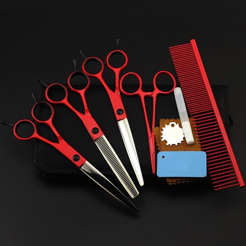 Dog Grooming Scissors Shears, 5PCS Japan 440c 7 Inch Red Pet Dog Grooming Hair Scissors Cutting Shears Pet Thinning Barber Hairdressing Scissors Set