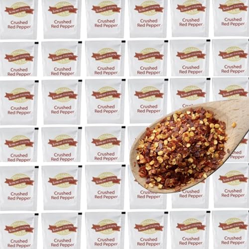 Crushed Red Pepper Flakes 0.2oz – 50 Pack. Bold, spicy flavor perfect for pizza, pasta, chowder, seafood, and more. Individually packed for freshness and portion control.