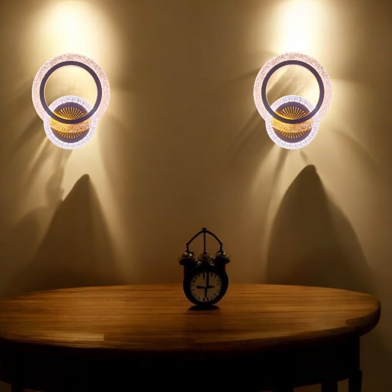 Image of Modern LED Wall Light for Home, 3 Color Modes, (Warm White,Cool White, Natural White) Golden Acrylic Crystal Wall Lamp for, Pack of 2.