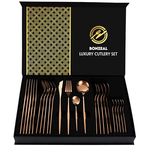 Image of Stainless Steel Rose Gold Cutlery Set for 6 Person with Gift Box 24 Pieces Mirror Finish Luxury Premium Flatware Set for Dining Table Hotel Cafe Bar Restaurant House Warming Gifts