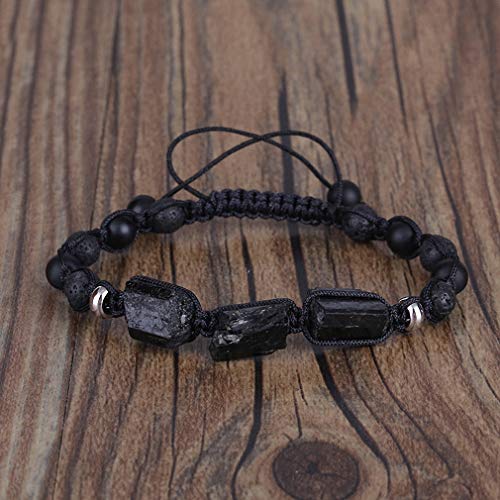 Image of Natural Rough Black Tourmaline Healing Stone Bead Matte Onyx Alternate Lava Nylon Rope Unisex Adjustable Macrame Energy Bracelet Lava N Matte Agate Unisex Adjustable