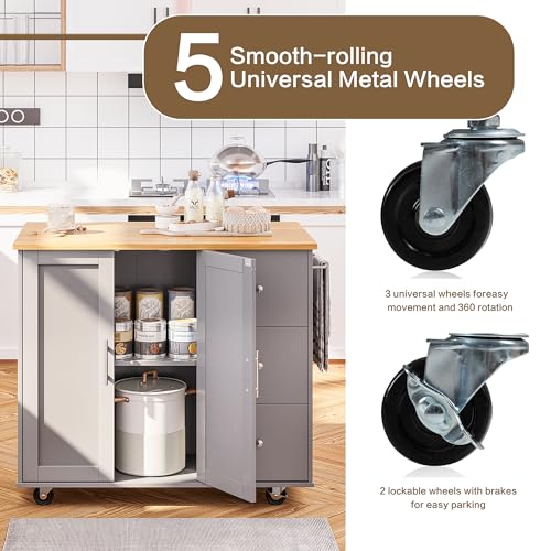 Image of SUNLEI Kitchen Island on Wheels with Storage Cabinet & Foldable Drop Leaf, Rolling Kitchen Table, Cart Handle for Towel Rack, Drop Leaf, Portable Islands for Kitchen (Cement Gray, 39.7-INCH)