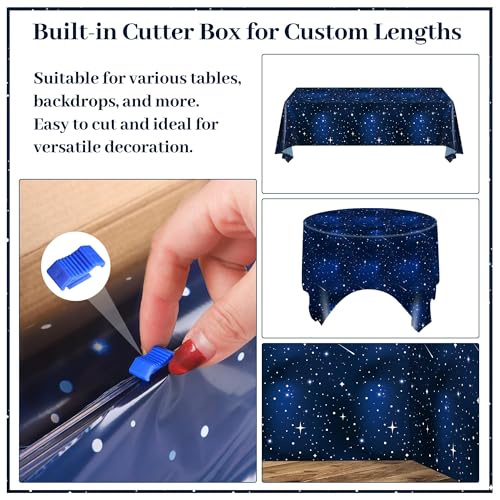 Image of Kochorie 100 Ft X 54 Inch Space Galaxy Tablecloth Roll with Cutter Box Disposable Plastic Blue Galaxy Table Cloth Starry Night Wall Backdrop for Space Star Theme Birthday Baby Shower Party Decorations