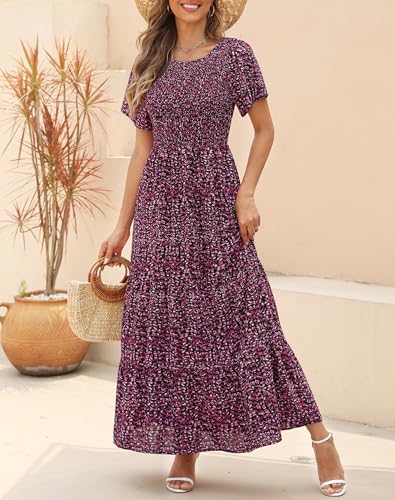 Image of Kranda Women 2025 Summer Fall Crewneck Short Sleeve Smocked Floral Maxi Dress