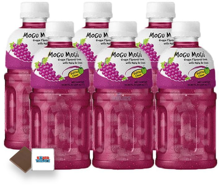 Mogu Mogu Flavored Drinks 6x320ml, GRAPE - Nata De Coco Juice - Refreshing Taste - Fun Drinking During Hot Summers Or Take Them On Trips & Picnics Boxed Treatz