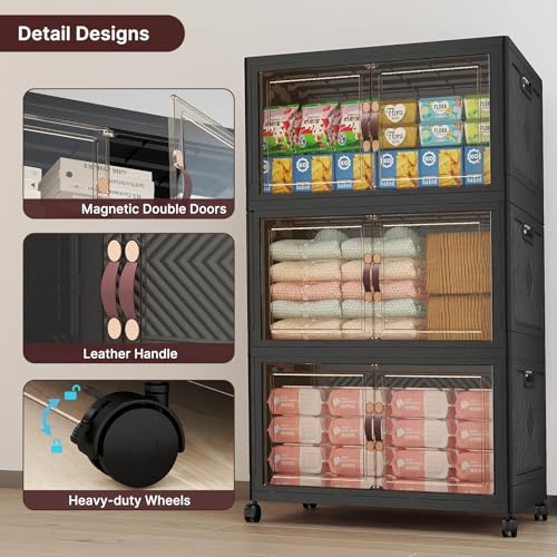 Image of UAMFURI Stackable Storage Bins with Lids,720QT Closet Organizers, Lockable Storage Cabinet,Foldable Storage Box with Doors and Wheels, Plastic Drawers for Home, Garage, Office (6, Black, Large)