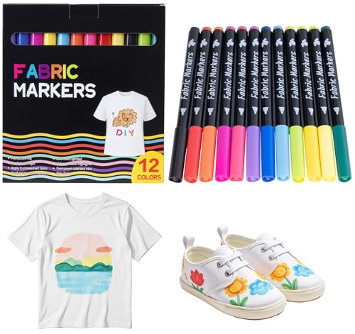 BLISSIQUEE 12 Textilstifte Waschmaschinenfest, Textilfarbe Waschmaschinenfest Permanent Stoffmalstifte Textilmarker für T-Shirts, Stoffbeutel zum Bemalen, Stoffbeutel, Schuhe, Basteln, Geschenk