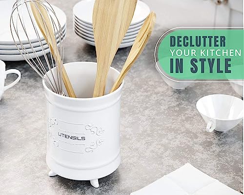 Comfify White Ceramic Utensil Holder – Vintage Style Kitchen Caddy – Shabby Chic Countertop Organizer – Rustic French Country Crock for Cooking Enthusiasts - Image 6