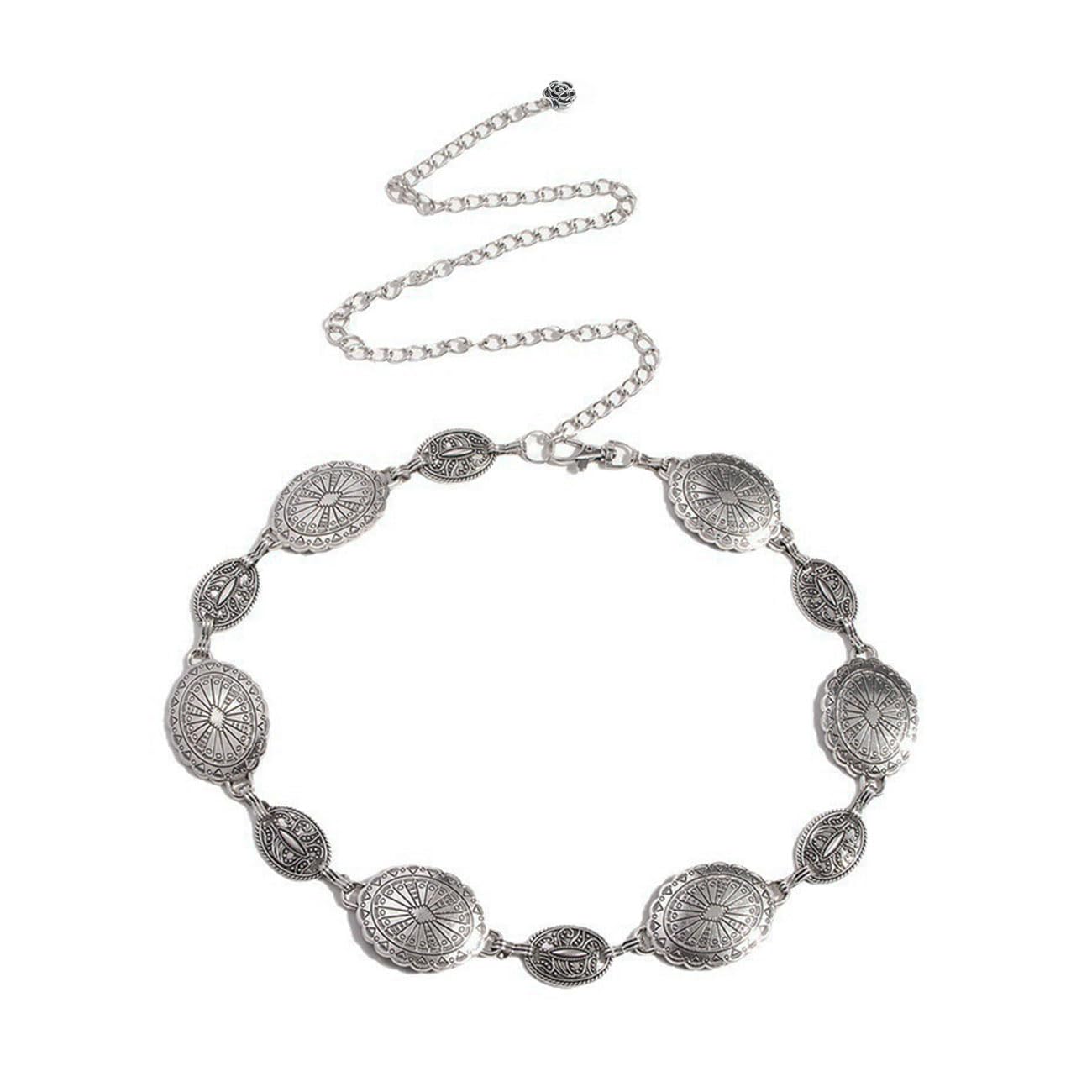 Emottos Women's A-Silver Concho Chain Belt, Adjustable Carving Metal Waist Chain Western Cowboy Cowgirl For Exquisite Boho Belts For Jeans Dress(A-Silver)
