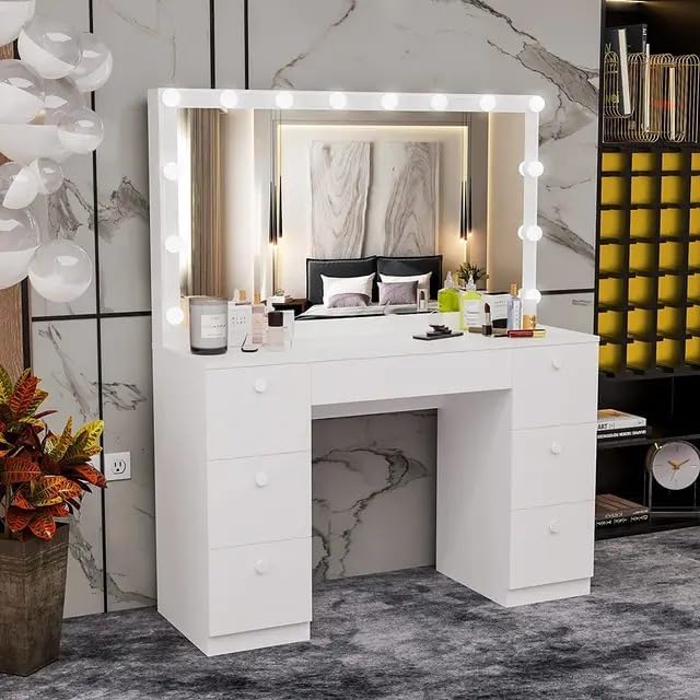 Modern Wooden Dressing Table with Mirror & Storage Drawers | MDF Board Wood Makeup Vanity Table with Duco White Painted Finish | Cosmetic Organizer Desk-image-16