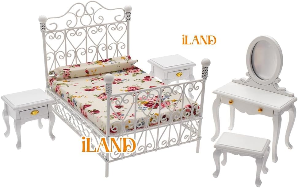 iLAND Victorian Dollhouse Furniture on 1:12 Scale, Dollhouse Bed Set 5pcs