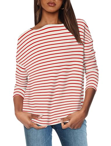 Ofeefan Long Sleeve Shirts For Women Striped Shirt Tunics Boat Neck Loose Fit Shirts Red And White Striped Shirt Women M thumb #2