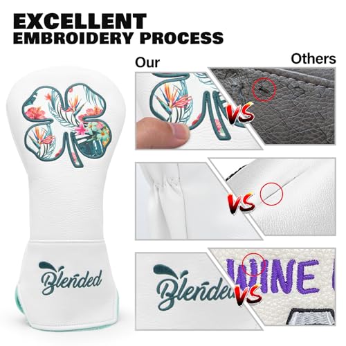 BAIRBRE Golf Club Covers White Lucky Clover Golf Head Covers Driver Covers Fariway Wood Headcover Hybrid Covers Leather Golf Headcover with Number Tag for All Brand