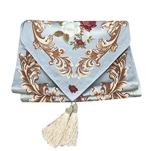Magilona Home Tablecover Kitchen Decorative Luxurious Cotton Linen Embroidered 3D Floral Pattern Table Runner Tassel Dining Wedding Party 13X83 In (Blue) #TOP5