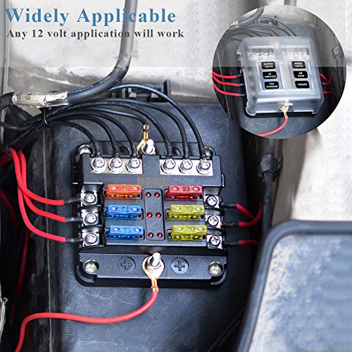 WUPP 12 Volt Fuse Block, Waterproof Boat Fuse Panel with LED Warning Indicator Damp-Proof Cover - 6 Circuits with Negative Bus Fuse Box for Car Marine RV Truck DC 12-24V, Fuses Included - Thumbnail 2