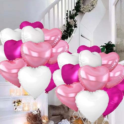 Image of Rose Heart Balloons,18inch Bright Pink Heart Shaped Foil Balloons & White Helium Mylar Balloon for Anniversary Wedding Engagement Birthday Party Baby Shower Decorations(12Pcs)